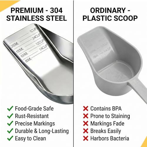 304 Stainless Steel Dog Food Scoop, 1 Cup Pet Food Measuring Cup with Long Handle for Dogs, Cats, Rabbits and Kitchen