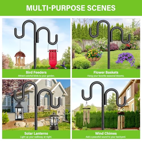 Double Shepherd Hook for Outdoor, 92" Heavy Duty Bird Feeder Pole with 5-Prong Base, Adjustable Thickened Shepherd Hook for Bird Feeder, Flower Baskets, Solar Lights, Lanterns, Black, 2 Pack - size: 92"