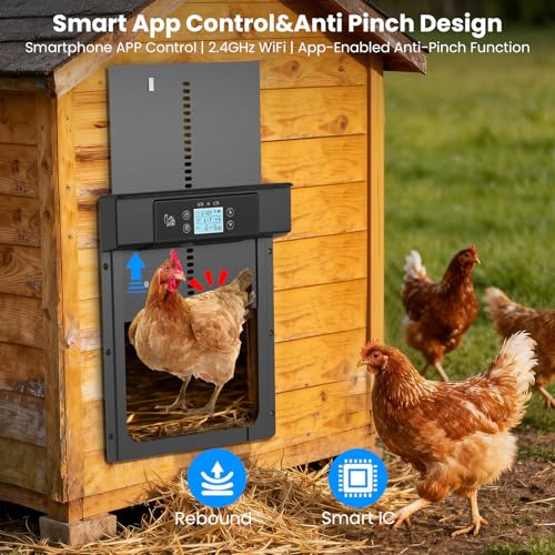 Automatic Chicken Coop Door Solar Powered, Aluminum Alloy Duck Door with LED Display, Timer & Light Sensor, 4 Modes Combo, Smart APP Remote Control Intelligent Pinch Protection - Black