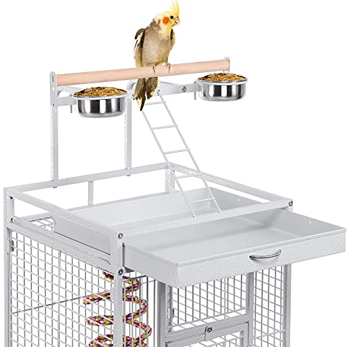 Yaheetech Wrought Iron Bird Cages, Play Top Large Aviary with Stand for Cockatiel Parrot Sun Parakeet Conures Lovebird Budgie Finch African Grey White, 61-inch - color: White