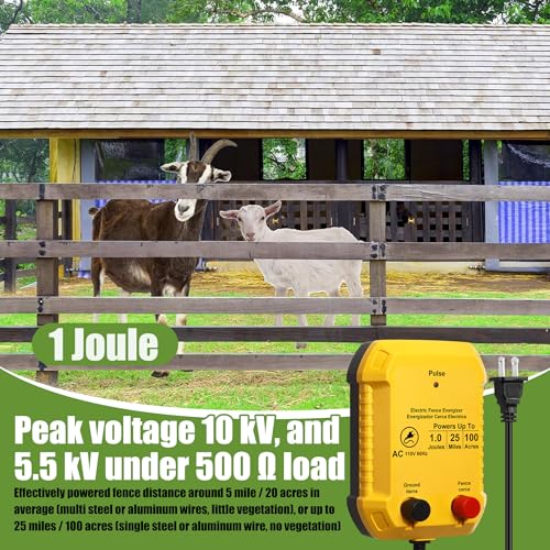 Electric Wire Fence Kit, 25 Mile 110VAC 1 J Plug in Fence Charger with 3366 FT Polywire, 40 T Post Insulators, 20 Screw in Insulators for Pasture Farm Horse Cattle Poultry Fencing - size: 3366FT, style: 1J
