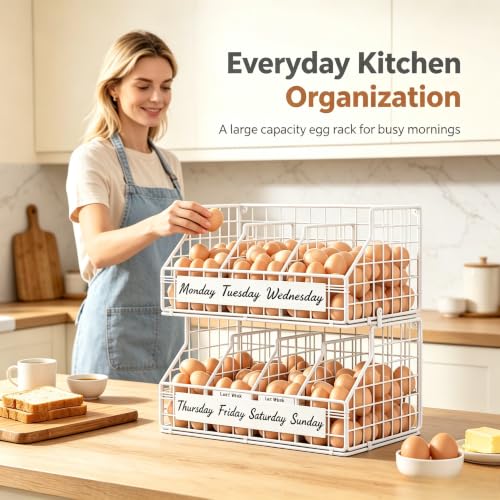 Egg Holder Countertop, Large 2T Chicken Egg Basket for Gathering Fresh Eggs | Egg Storage Organizer with Adjustable 5 Divider & Label, Stackable Wall Mounted Egg Collecting Basket Rack, XXL White - color: 2T XXL White