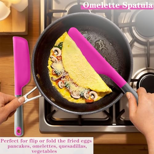Silicone Omelette Spatula Turner, Flip Fold Omelet Turner, 13Inch | Flexible Egg Flip Tool for Non-stick Pans, Heat Resistant omelette flipper for Kitchen Omelet Pancake Crepes - color: Deep pink-Narrow