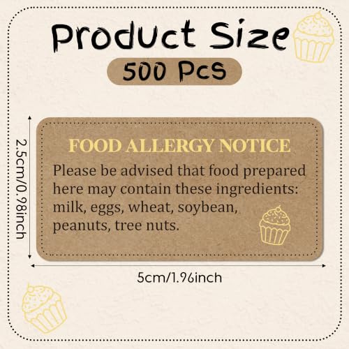 500 Count Food Allergy Notice Allergen Warning Label Stickers | Adhesive Square Kraft Decal Roll, Food Alert Safety for Restaurant Home Kitchen Bakery Cake Shop Packaging, 1 x 2 Inch - color: Food Allergy Kraft Brown