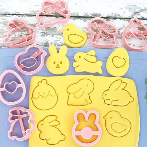 8pcs Mini Easter Cookie Cutters, Bunny, Egg & Chick Shapes | One-Touch Raised Design Easter Cookie Stamps for DIY Baking, Decorating, and Party Fun