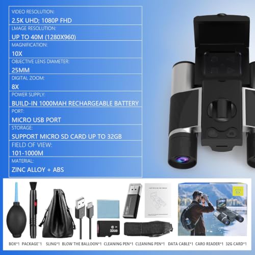 Digital Binoculars with 40MP Camera, (Silver) | 10x Optical & 8X Digital Zoom, 2.5K HD Video, Ideal for Bird Watching, Concerts & Outdoor Adventures