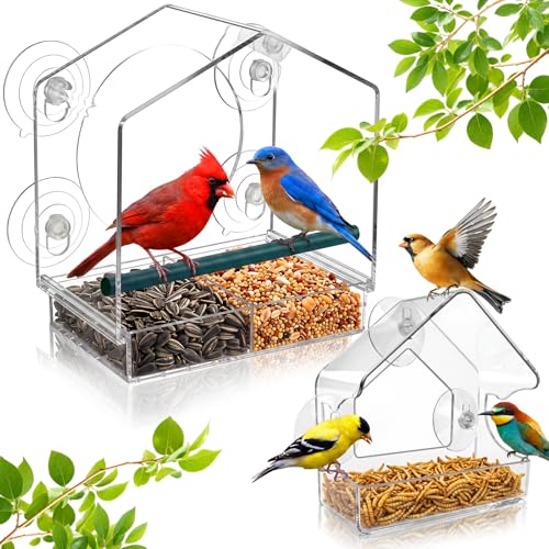 Window Bird Feeder with Non-Marking Self-Adhesive Hooks, 2 pcs Clear and Transparent, Outdoor Wild Bird Watching Gift for Finches, Cardinals (1 Large+1small Acrylic) - color: Off-white