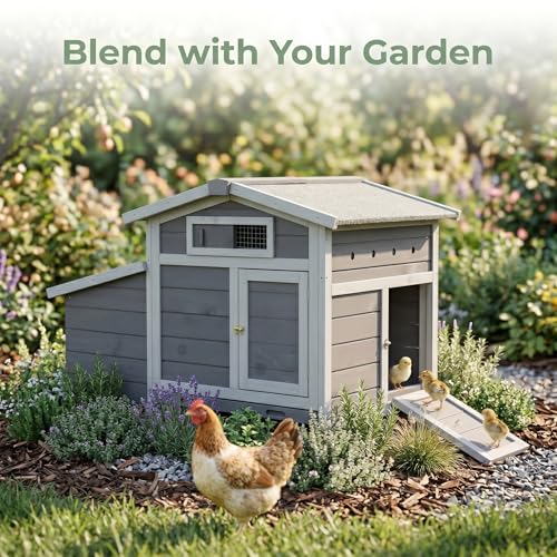 Gray Wooden Outdoor Chicken Coop with Asphalt Roof, Pull-Out Tray, Nesting Box and Latch-Secured Double Doors
