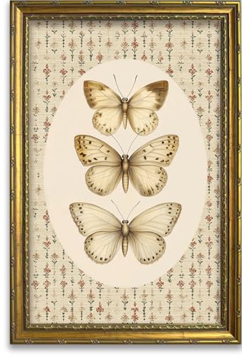 DR.RiftArt Vintage Butterfly Wall Art Antique Neutral Insect Decor Painting | Canvas Floral Background Artwork Print Picture Rustic Farmhouse Style for Living Room Bedroom Office 16x24 inch Gold Framed - color: There Butterfly, size: 24"L x 16"W