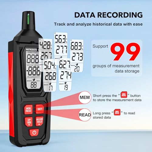 Hygrometer Thermometer with Dew Point & Wet Bulb, TH13 | High Precision Humidity Meter, Temperature Humidity Monitor, 99 Data Storage, Temp Alarm, Backlight, MAX/MIN, Auto Shutdown - color: Red, size: TH13