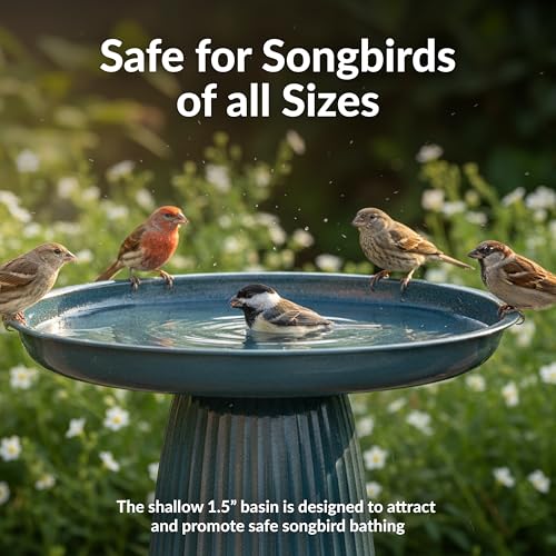 Sunnydaze Modern Bird Bath for Outside, Iron, 23” H, Blue Glaze | UV & Rust-Resistant Matte Finish, Durable Iron,1 Gal Water Cap, Outdoor Birdbath for Garden, Pedestal Bird Bath with Bowl - color: Blue Glaze