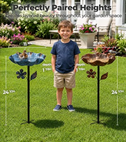 2PCS 11” Dia Metal Bird Bath for Outside | Freestanding Bird Bath Bowl, Upgraded 5 Pronged Base Birdbaths for Outdoors, Standing Bird Feeder Garden Yard Lawn Decor