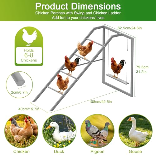 Chicken Perch Swing for Coop,Roosting Bars with Ladder for Chicken Run Accessories Toys for 6-8 Bantam Flock, Backyard Farm Chickens Coops Poultry-Easy to Assemble and Clean - size: 42.5"L x 24.6"W x 31.2"H