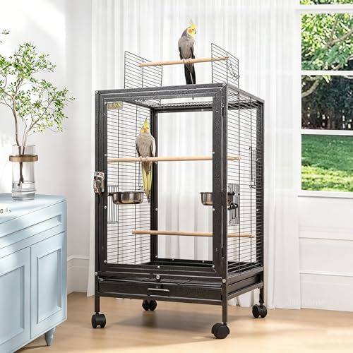 xixi-home Portable Clear Parrot Cage,Bird Travel Cage Ornamental Cage -with Food Box,Standing Pole and Drinker,Large Bird cage Flying Birdcage for Outdoors (Type C - Black) - color: Black - C