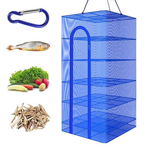 Hanging Drying Net Foldable Drying Rack Net Dryer 19.7"x19.7"x37.4" 6 Layer Folding Fish Mesh Collapsible Dry Net with Zippers for Drying Seeds Fish Vegetables Fruit Herb Food - color: Blue