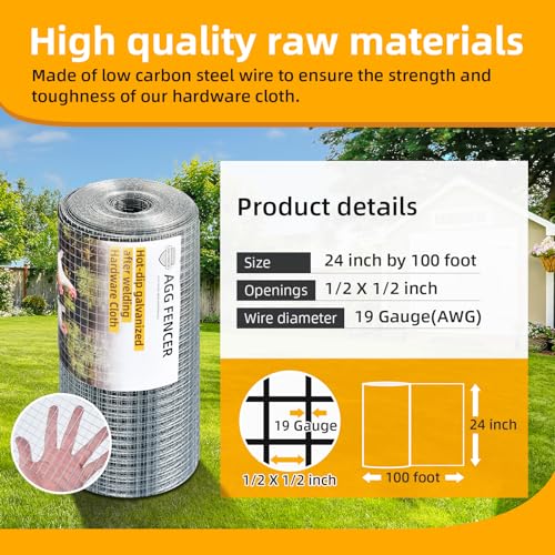 24inch x 100ft Hardware Cloth 1/2 inch Chicken Wire Fencing 19Ga | Hot Dipped Galvanized After Welding Garden Plant Supports Welded Metal Chicken Wire Fence Poultry Animal Netting Cage Screen - size: 1/2in 24in x 100ft
