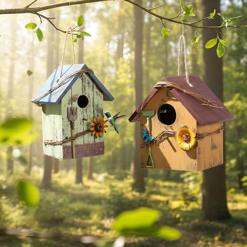 DoubleFill 2 Pcs Birdhouses for Outdoor Hanging Yard Outside Wooden Birdhouse Hand Painted Bird Box for Bird Lovers Bluebird Tree Garden Decor Decorative Birdhouse(Blue,Yellow,Wooden Roof) - color: Blue,Yellow, size: Wooden Roof