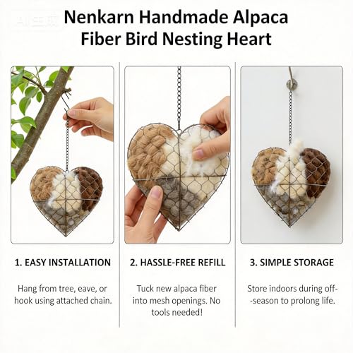 Heart Bird Nesting Material Holder, Natural Alpaca Fiber, 7.1 Inch | Heart-shaped refillable holder with untreated alpaca fiber, open wire frame and hanging chain for outdoor nesting season