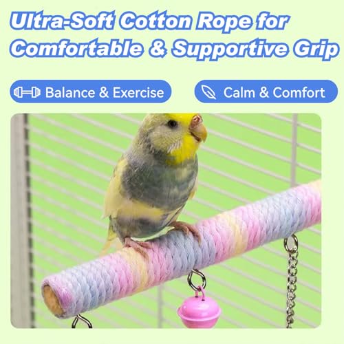 Dual-Layer Bird Swing Perch with Bells Rainbow Cotton Rope Cage Parrot Toy | 10" For Parakeet Conure Cockatiel Mynah Love Birds Finches
