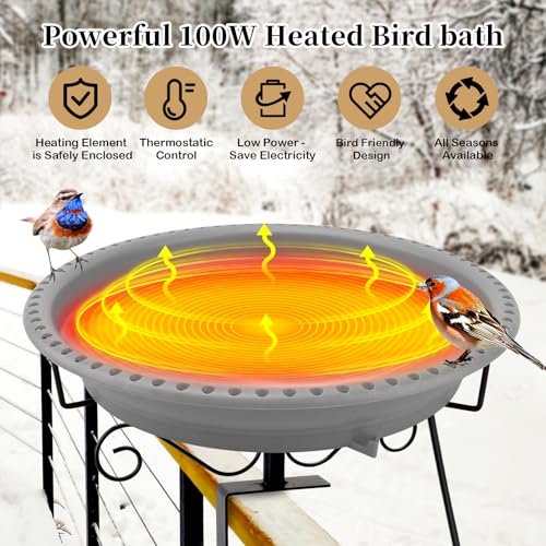 Lovppy Heated Bird Bath for Deck Railing, 100W Thermostatically Controlled Heated Bird Baths for Outdoors Bird Bath Heater, Heated Bird Bath for Outside Winter Garden Patio Yard(Gray) - color: Gray