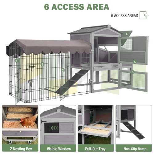 Large Mobile Chicken Coop with Run, 79" Outdoor Wooden Poultry Cage on Wheels, All-Steel Frame Hen House, Waterproof Roof, Nesting Box, for 4-6 Chickens - color: Grey (AIR7008)
