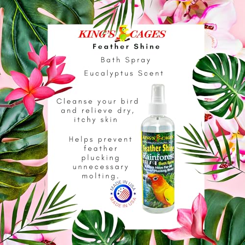 King's Cages Feather Shine Bath Spray 8 oz. Eucalyptus Scent Alcohol Free Feather Conditioner and Skin Care Mist for Small to Large Bird Grooming and Plumage Maintenance (Pack of 2) - size: Pack of 2