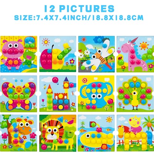 Button Art Pegboard for Toddlers - 12 Pics & 46 Buttons, Gift 3+ | 7.8'' x 7.8'' pegboard with bird theme. Builds fine motor skills, color matching & creativity. Perfect early learning gift