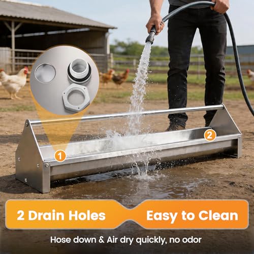 Chicken Feeding Trough 45" Large Capacity with Drainage Holes & Crossbar | Stainless Steel Chicken Feeder Trough Poultry Feeder Trough for Chicken,Duck,Geese,Turkey Coop Accessories Supplies