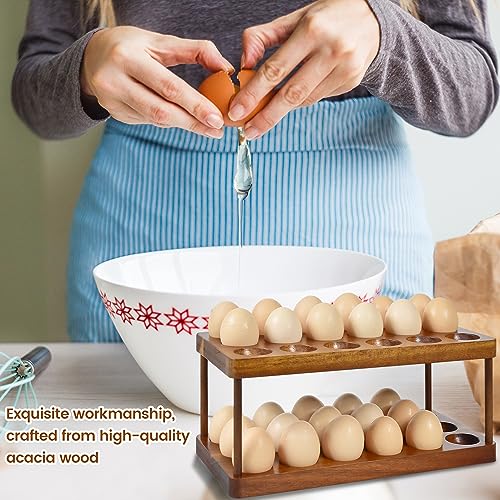 Sishynio 2 Tier Acacia Wood Egg Holder Countertop, 36 Egg Storage Rack | Double Layer Farmhouse Kitchen Egg Tray Organizer; Fresh Egg Storage Rack Basket for Countertop, Fridge, Cabinets and Pantry - style: 2 tier acacia wood egg tray