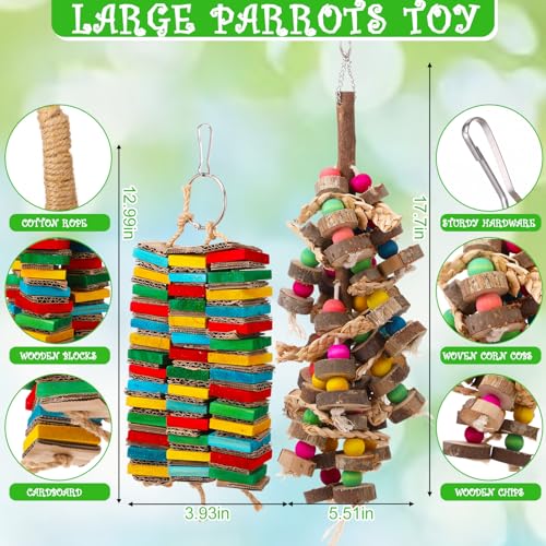 Soulchen 4 Pcs Extra Large Bird Parrot Toy Set Natural Wooden Chewing Toy, Rattan Ball, Wood Nut Loofah String (Bagged) for Large Medium Macaws, African Grey, Parrots (Wood Leaf) - style: Wood Leaf