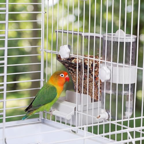 Novabright No Mess Bird Feeder Water Dispenser Set, Automatic Transparent Bird Food Container and 12 oz Automatic Water Feeder for Small Birds Parrot, Cockatoo, Canary, Cage, Lovebird, Budgies(White) - color: White