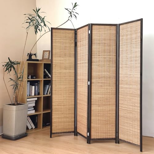 4 Panel Bamboo Room Divider Screen,5.6 FT Tall Bamboo Divider Folding Panel Screen,Freestanding Panel Divider for Room Seperation,Brown - color: Brown, size: 4 Panel
