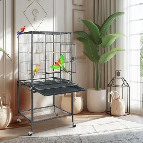 ZENY 53-Inch Parakeet Bird Cage, Wrought Iron Large Parrot Flight Birdcage | with Rolling Stand, Perches, Slide-Out Tray and Plastic Feeders, Casters,Bird Cage for Cockatiels Canary Finch - color: Black + Silver