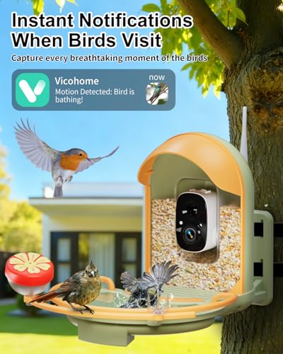 Bird Feeder with Camera, Smart Birdfeeder with Cam Solar Powered, 2K HD Video, AI Identification, Instant Arrival Alerts, IP66 Bird Bath & Feeder,Gift for BirdLover (with BirdBath, Green) - color: Green, style: With BirdBath