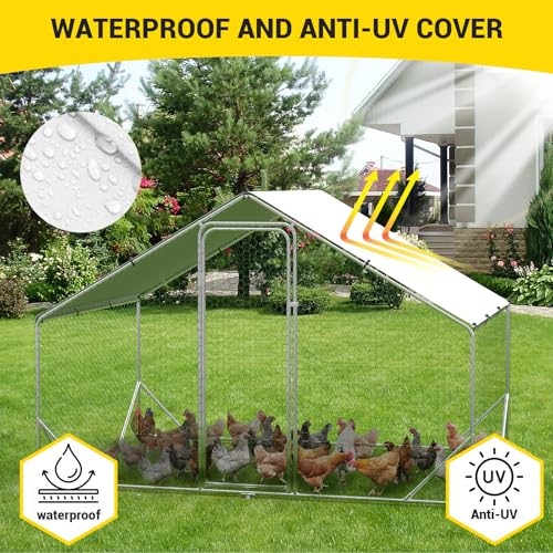 GarveeLife Large Chicken Coop, Metal Chicken Run with Anti-Ultraviolet Waterproof Cover, Spire Roof Walk in Poultry Cage, Outdoor Chicken Pen for Backyard and Farm Use, 9.8 ft x 6.5 ft x 6.5 ft - size: 118.1"L x 78.7"W x 78.7"H