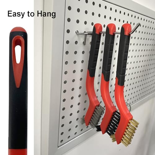 YiwerDer 3Pcs Mini Wire Brush Set, Stainless Steel/Brass/Nylon Bristles Wire Brushes, Curved Handle Soft Grip for Rust, Dirt & Paint Scrubbing with Deep Cleaning – 7 Inches (Red) - style: 3Pcs Red Mixed Brushed