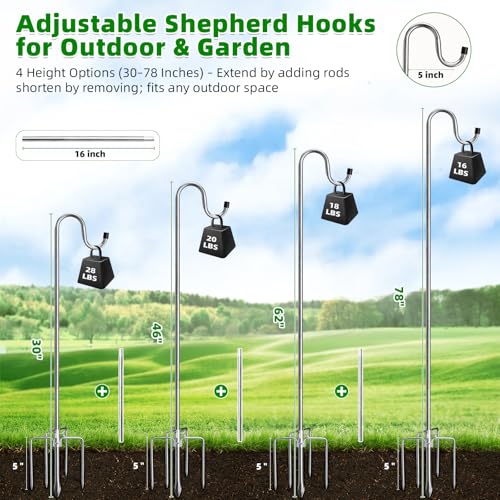 COCONUT 78 Inch Shepherds Hook for Bird Feeder, 5/8 Inch Width Heavy Duty Adjustable Outdoor Shepherd Hooks with 5-Prong Base for Lanterns Planting Hanger Weddings Decor, Silver - color: Silver, size: 78 inch