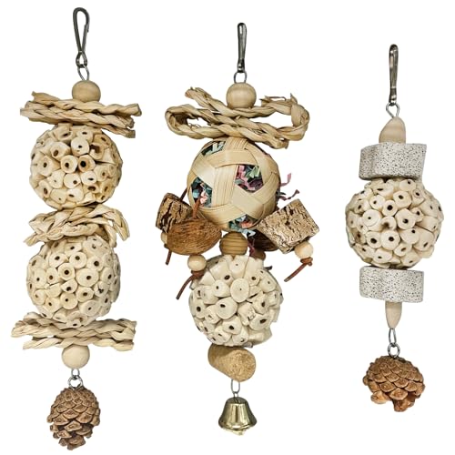 BNOSDM Hanging Bird Toy Sola Balls 3PCS Parrot Shredder Balls Natural Parakeet Foraging Toy Wood Bird Cage Chew Toys for Cockatiel, Budgie, Sun Conure, Quakers, Lovebirds (A) - color: White
