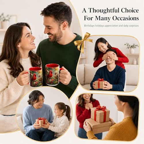 Cardinal Garden Coffee Mug, Bird Lover Mug, Spring Nature Gift for Home Office, Red Songbird Pair with Cherry Blossoms Branch Artwork, Ceramic Red Accent Handle Cup 15 Oz Drinkware (Bird Pair 15oz) - color: Bird Pair 15oz