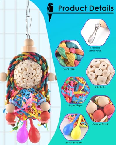 Bissap Conure Toys, 2PCS Bird Parrot Foraging Shredder Hanging Toys Sola Balls with Sand Hammer for Small Parrots Parakeets Conures Cockatiels Love Birds Cage Toy