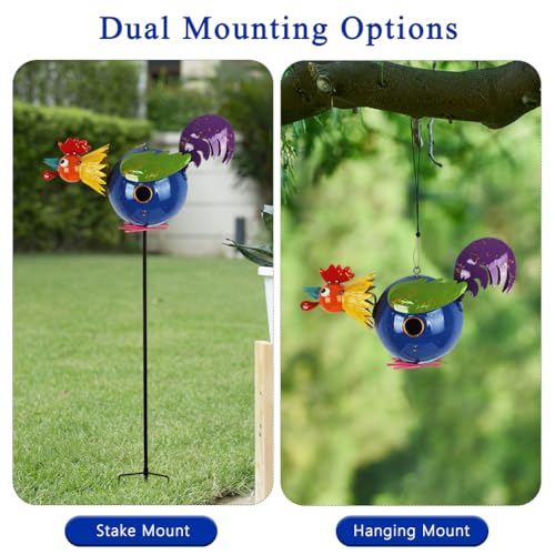 37" Bird Houses for Outside, Outdoor Metal Rooster Birdhouse with Hanging String & Poles for Patio, Yard, Garden - style: Rooster