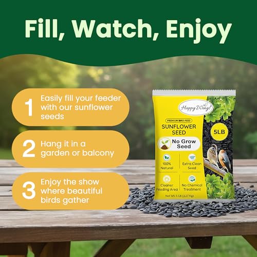 Happy Wings 10 LB Black Oil Sunflower Seeds Bird Food, No Waste Bird Seed | High in Oil & Protein, High Fat & Energy Content, USDA & BRC-GS Approved, Finches, Sparrows, Chickadees, Cardinals, No Mess - size: 5 Pound (Pack of 2)