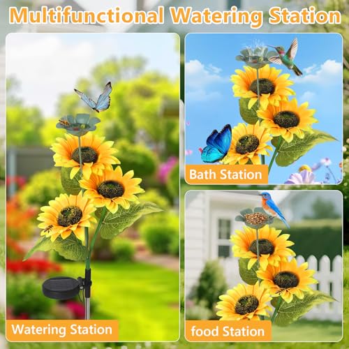 2 Pack Bee Watering Station, Butterfly Bird Water Feeder, 2-In-1 Flower Design Bee Bath Bowl with Glass Marble for Outdoor Decor & Sunflower Solar Lights Outdoor Waterproof, Flower Solar Garden Lights
