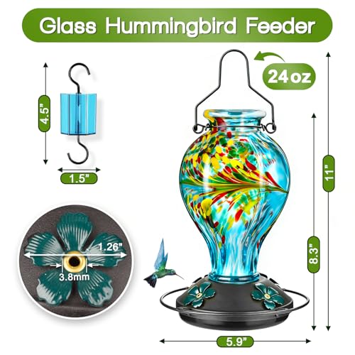 Hand Blown Glass Hummingbird Feeders for Outdoors Hanging, 24oz Wild Bird Nectar Feeder with Ant Moat and Perch, Bee-Resistant Ports, Garden Decor, Gifts for Women Mom, 1 Pack, Blue Phoenix - color: Blue Phoenix
