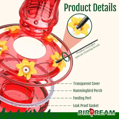 Birdream Glass Hummingbird Feeders, 18oz Large Capacity, Red | 5 Feeding Ports, Built-in Ant Moat, For Outdoors Hanging, Decorative for Garden Patio Backyard - color: Red