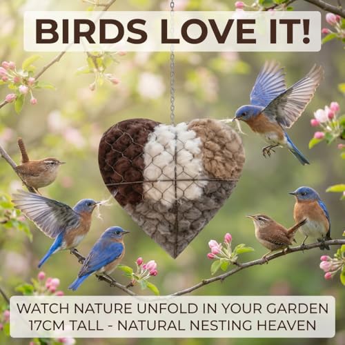 Handmade Fiber Bird Nesting Heart,Birds Nests Material Holder,Refillable Bird Haven Heart-Shaped Hummingbird Nest with Nesting Material,Winter Tree Shelter for Wild Bird,Gift for Hummingbird Lover,1PC
