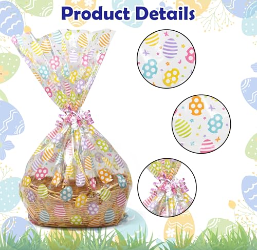 Large Easter Cellophane Basket Bags 10 Pack, Clear Treat Wrap Bags 24 x 30 Inch with Colorful Egg Print and Twist Ties, Jumbo Plastic Gift Wrap for Candy, Party Favors, Holiday Baskets