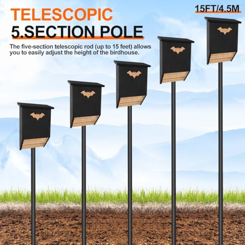 15 Ft Telescoping Bat House Pole Adjustable with Ground Socket | Adjustable Purple Martin Bird House Pole, Bat Houses Kit Outdoors With Ground Socket, Bird Feeder Poles Heavy Duty Outdoor