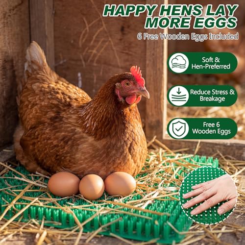 Green 6 Pack Chicken Nesting Box Pads with 6 Pcs Fake Wooden Eggs Washable Artificial Grass Nesting Pads Reusable Plastic Bedding Laying Mats for Chicken Coop, 12" x 12" - color: Green
