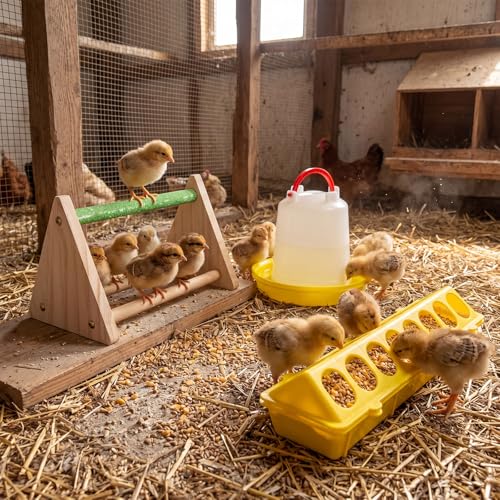 14 Pcs Chick Feeder and Waterer Kit with Wooden Perch Baby Poultry Starter Set 1.5 L Feeding Dispenser for Small Poultry Ducks Quail Pigeon Coop and Brooder (Yellow) - color: Yellow